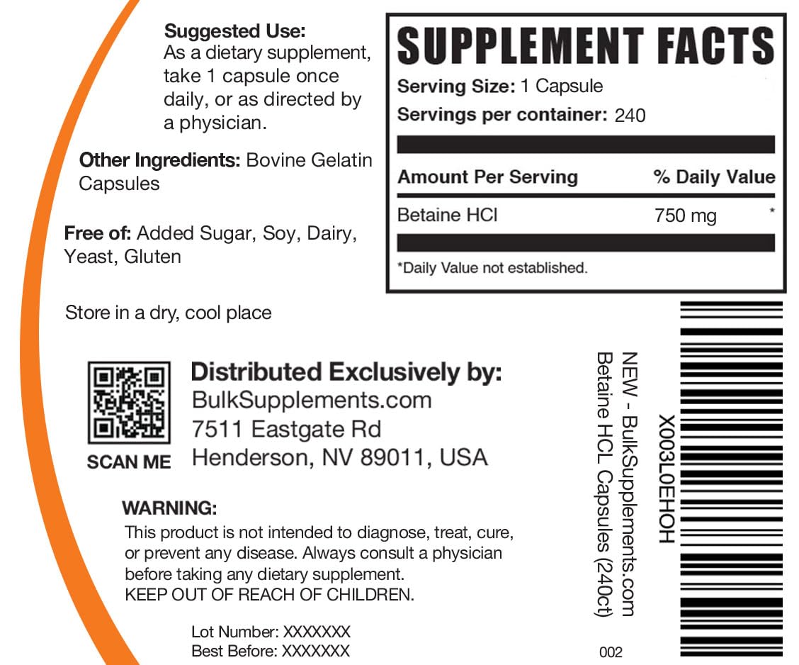 BulkSupplements detalle de cápsulas Betaine HCl mostrando textura y tamaño