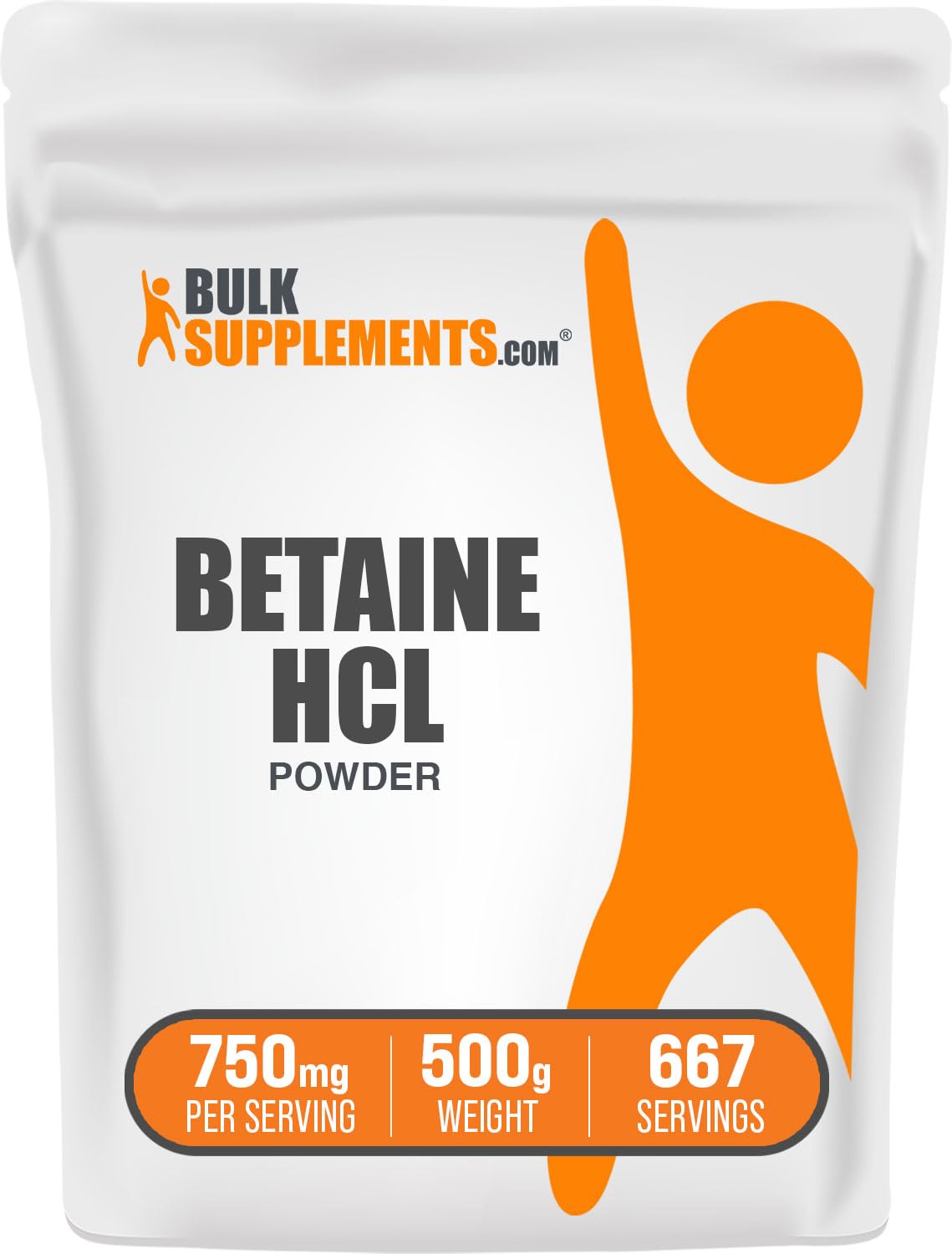 BulkSupplements envase frontal de Betaine HCl en polvo, presentación clara y confianza