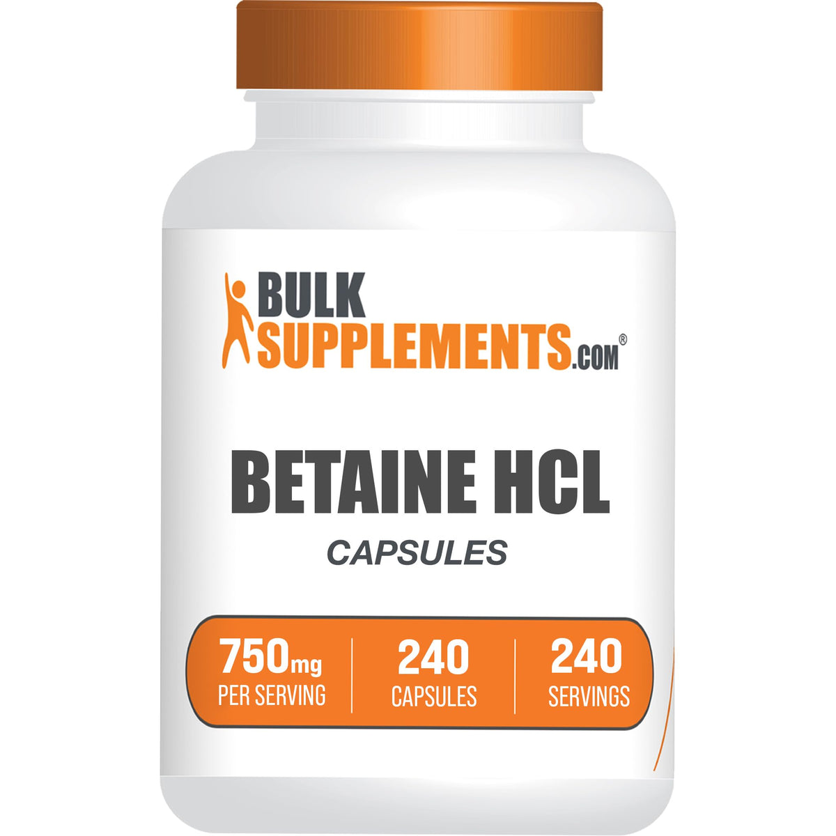 BulkSupplements frasco frontal de Betaine HCl 750 mg mostrando cantidad y formato