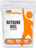 BulkSupplements envase frontal de Betaine HCl en polvo, presentación clara y confianza