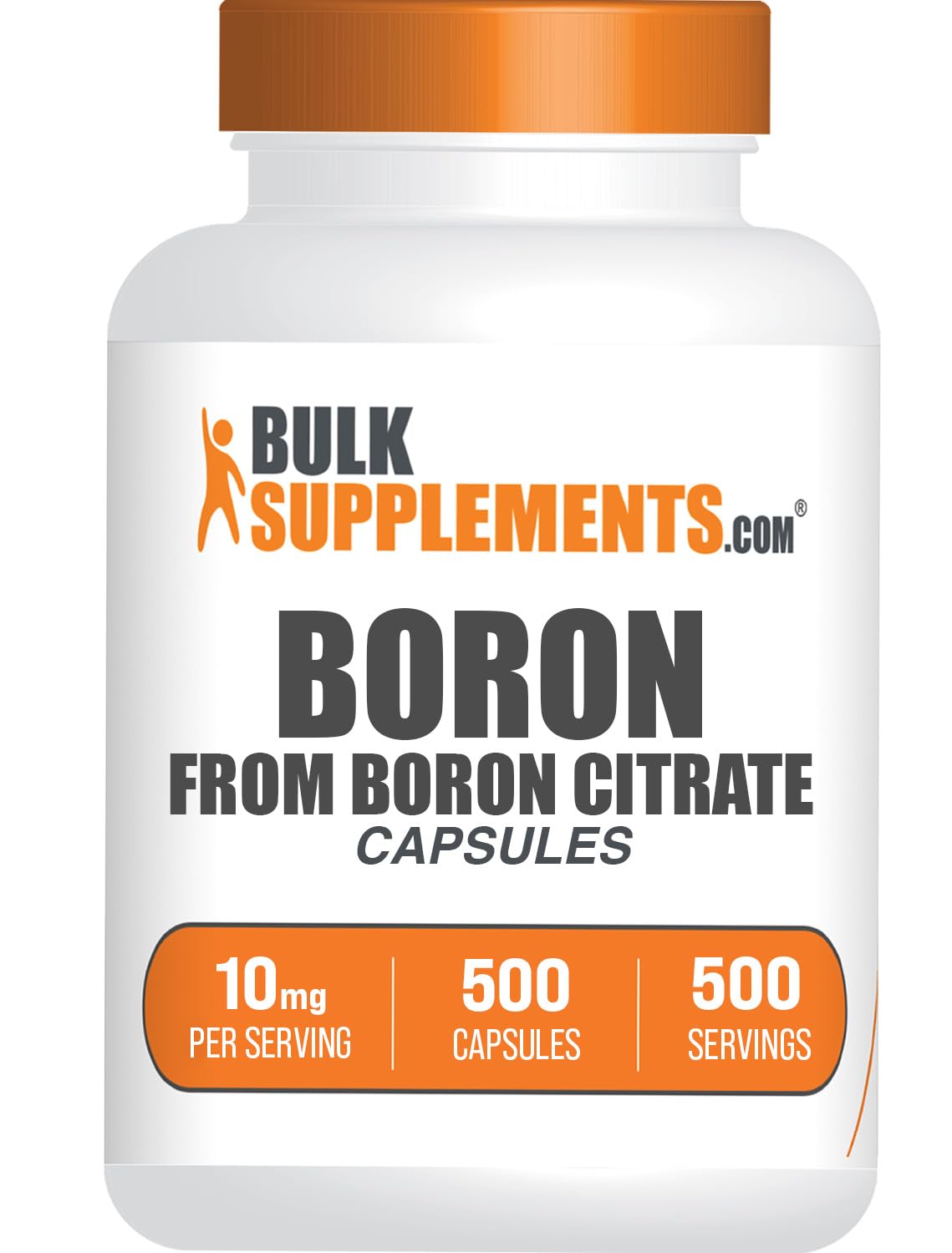 BulkSupplements frasco frontal de Boron Citrate 500 cápsulas, conveniente para rutina
