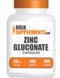 BulkSupplements frasco frontal de Zinc Gluconate 365 cápsulas siempre a mano