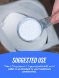 BulkSupplements envase junto a una cuchara para comparar tamaño y porción