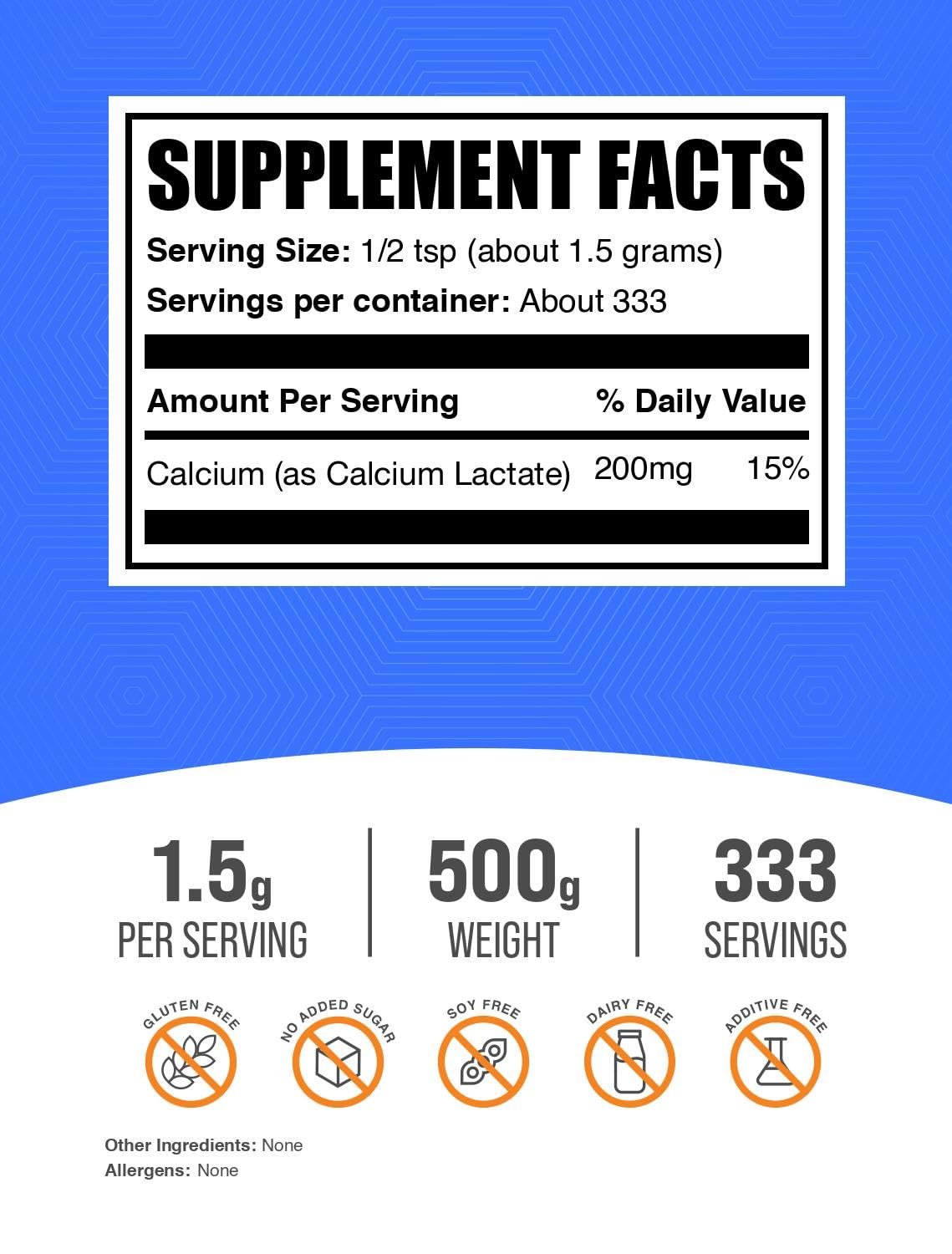 BulkSupplements polvo de Calcium Lactate mostrando textura fina y mezcla fácil