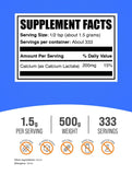 BulkSupplements polvo de Calcium Lactate mostrando textura fina y mezcla fácil