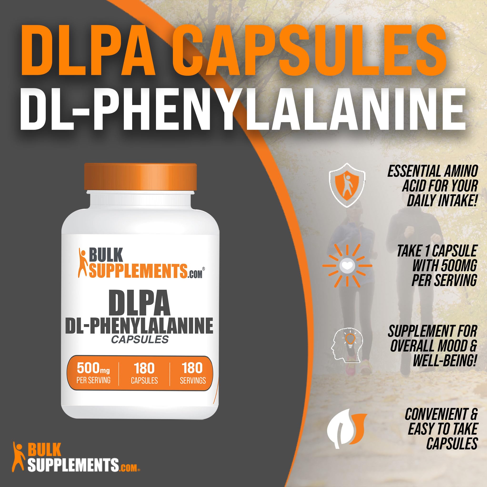 BulkSupplements cápsula DLPA en primer plano mostrando tamaño y textura