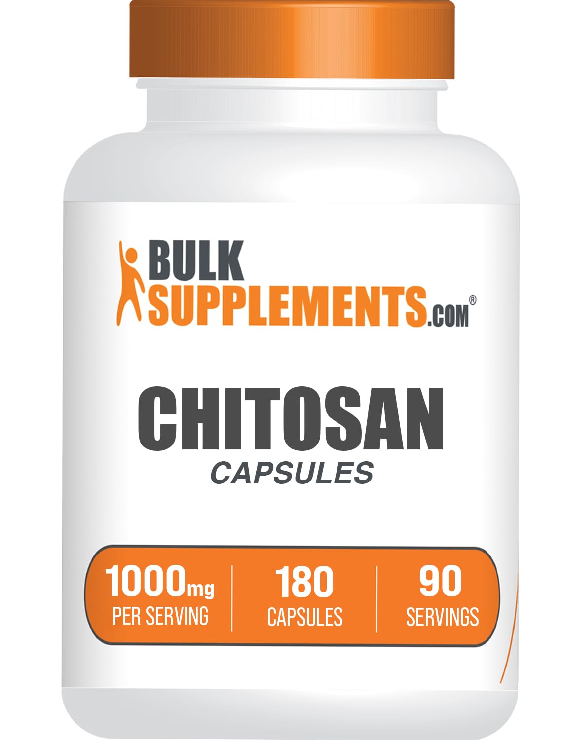 BulkSupplements frasco frontal de chitosan 180 cápsulas para almacenamiento seguro