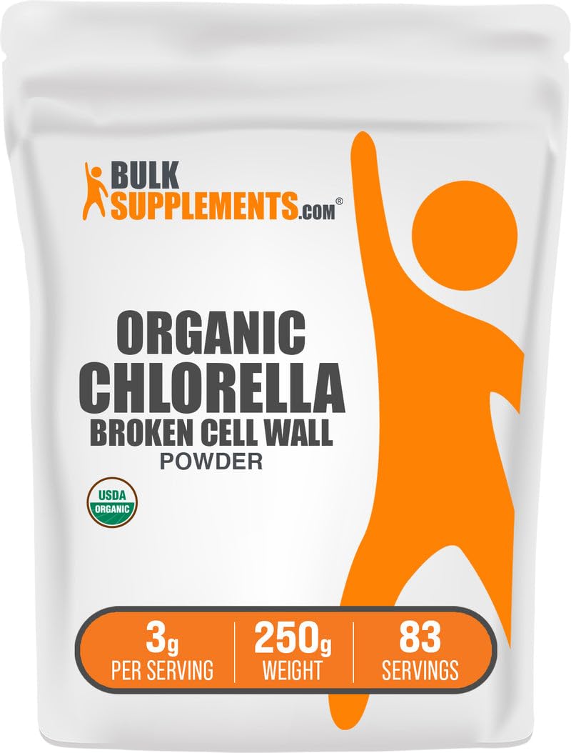 BulkSupplements envase frontal de chlorella orgánica para uso diario
