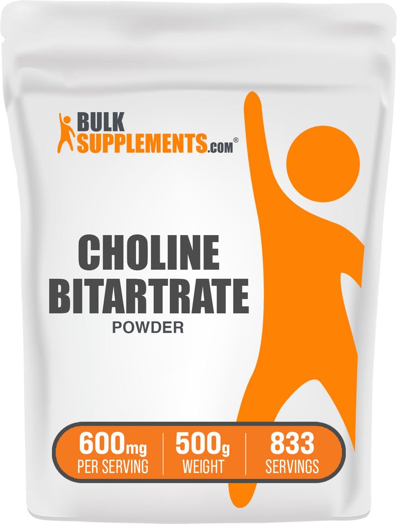 BulkSupplements envase frontal de Choline Bitartrate 500 g con diseño claro y sin gluten