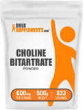 BulkSupplements envase frontal de Choline Bitartrate 500 g con diseño claro y sin gluten