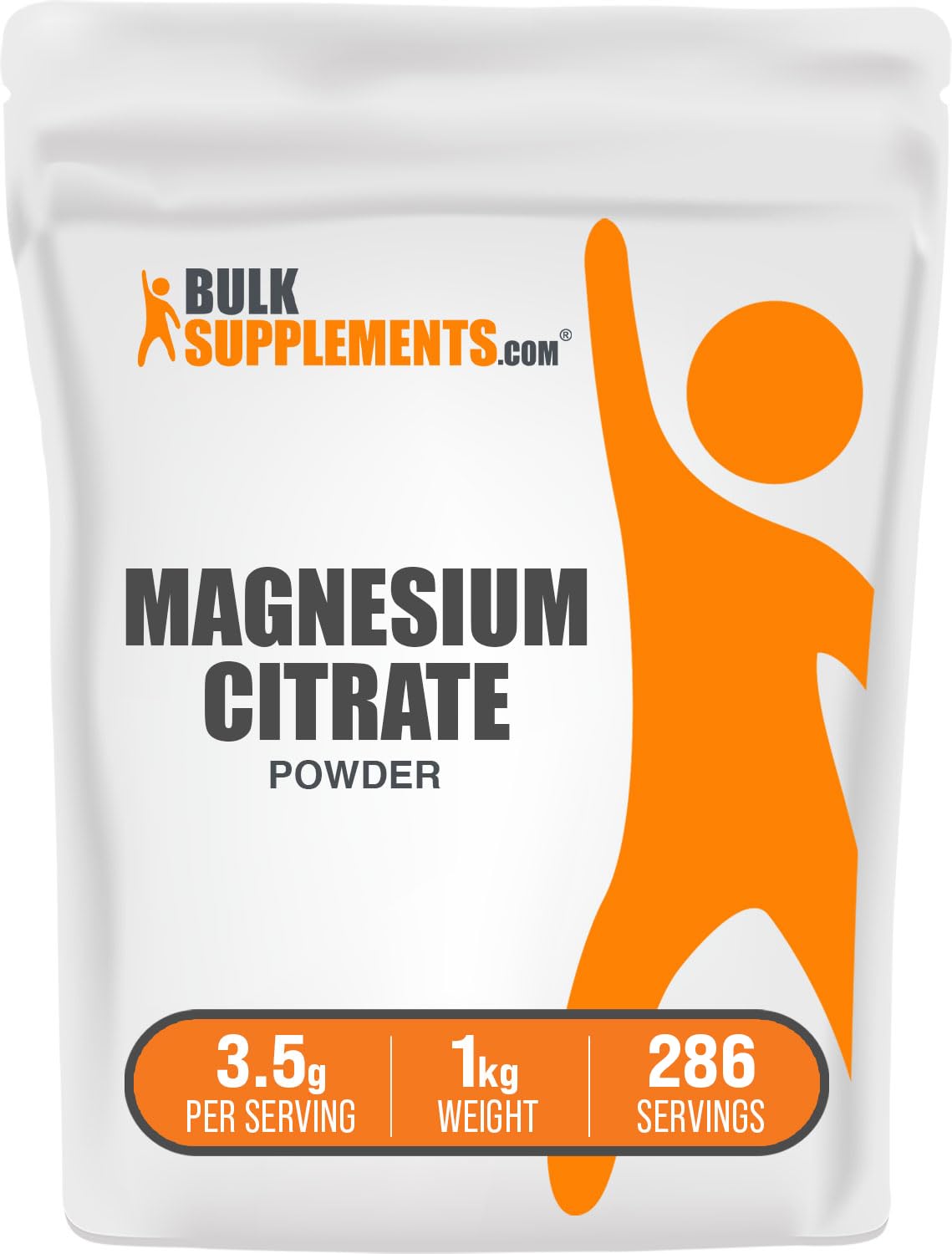 BulkSupplements envase frontal de citrato de magnesio mostrando etiqueta y beneficio de pureza