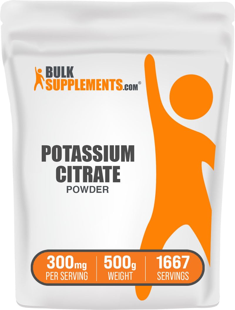 BulkSupplements envase frontal de citrato de potasio 500 g, presentación clara y confiable