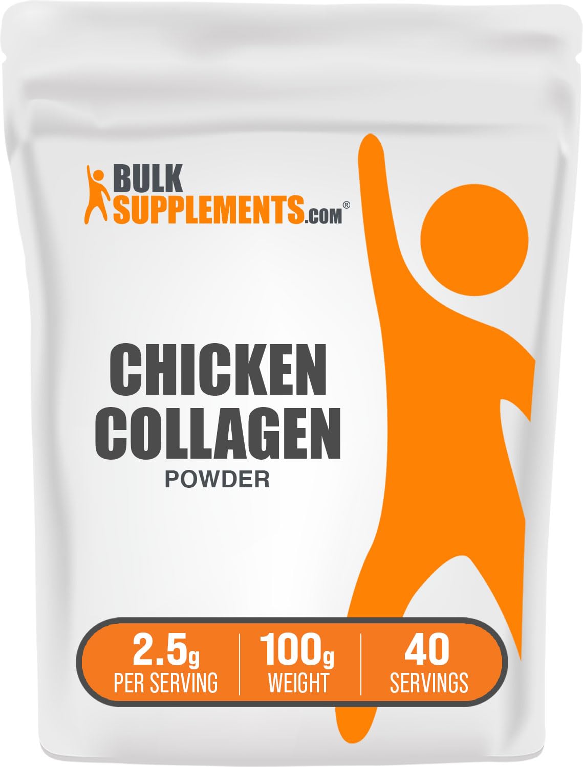 BulkSupplements envase frontal de colágeno de pollo, fácil identificación y almacenamiento