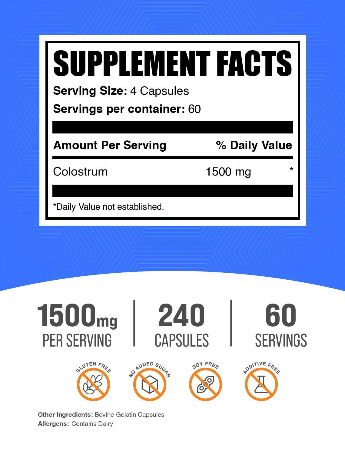 BulkSupplements cápsulas de colostro en primer plano, fácil dosificación y transporte
