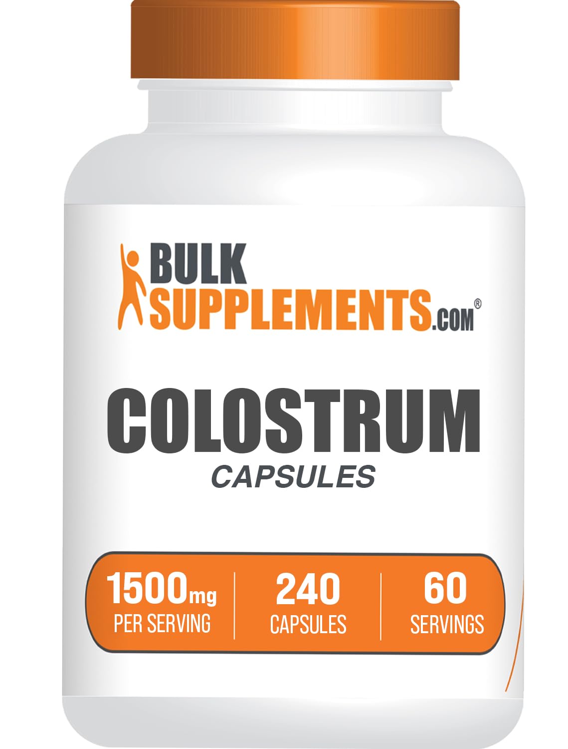 BulkSupplements frasco frontal del colostro, información clara y beneficio de conveniencia