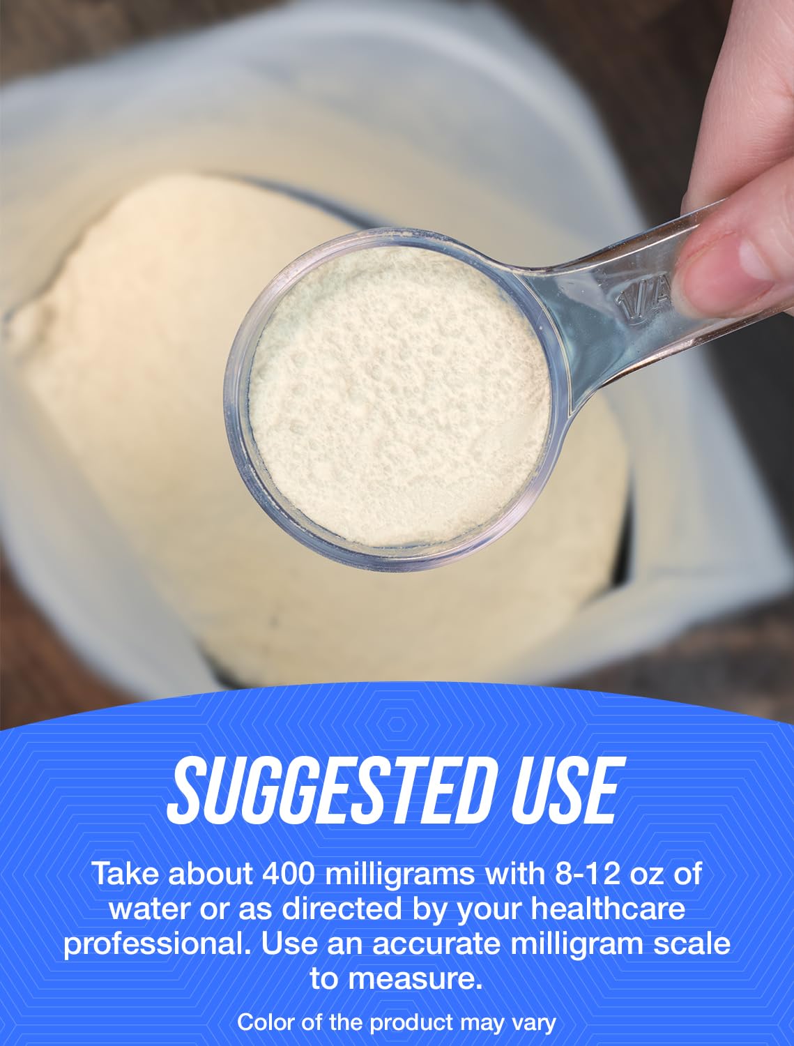 BulkSupplements envase junto a regla para comparar tamaño y porciones