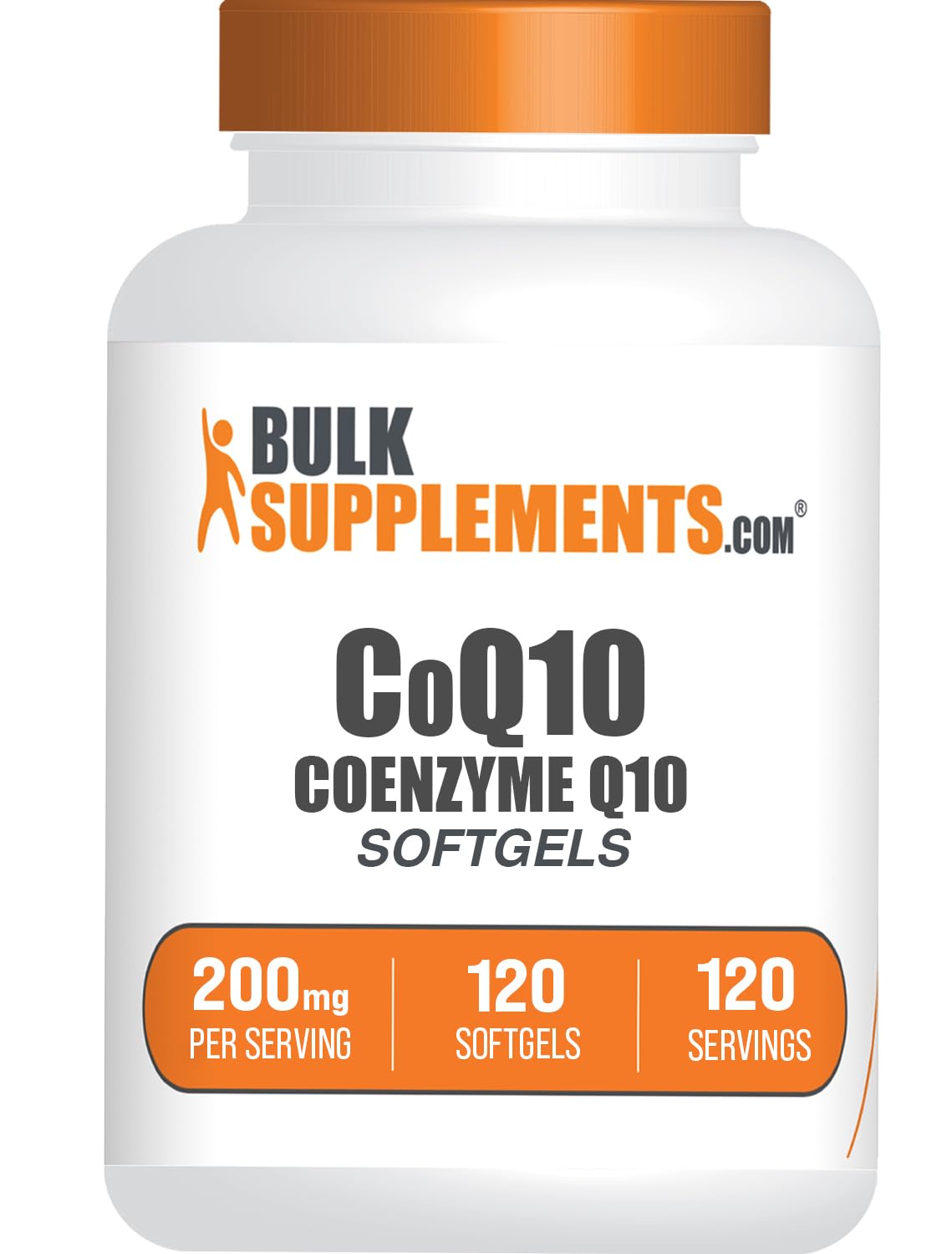 BulkSupplements frasco frontal de CoQ10 200 mg, presentación clara y profesional