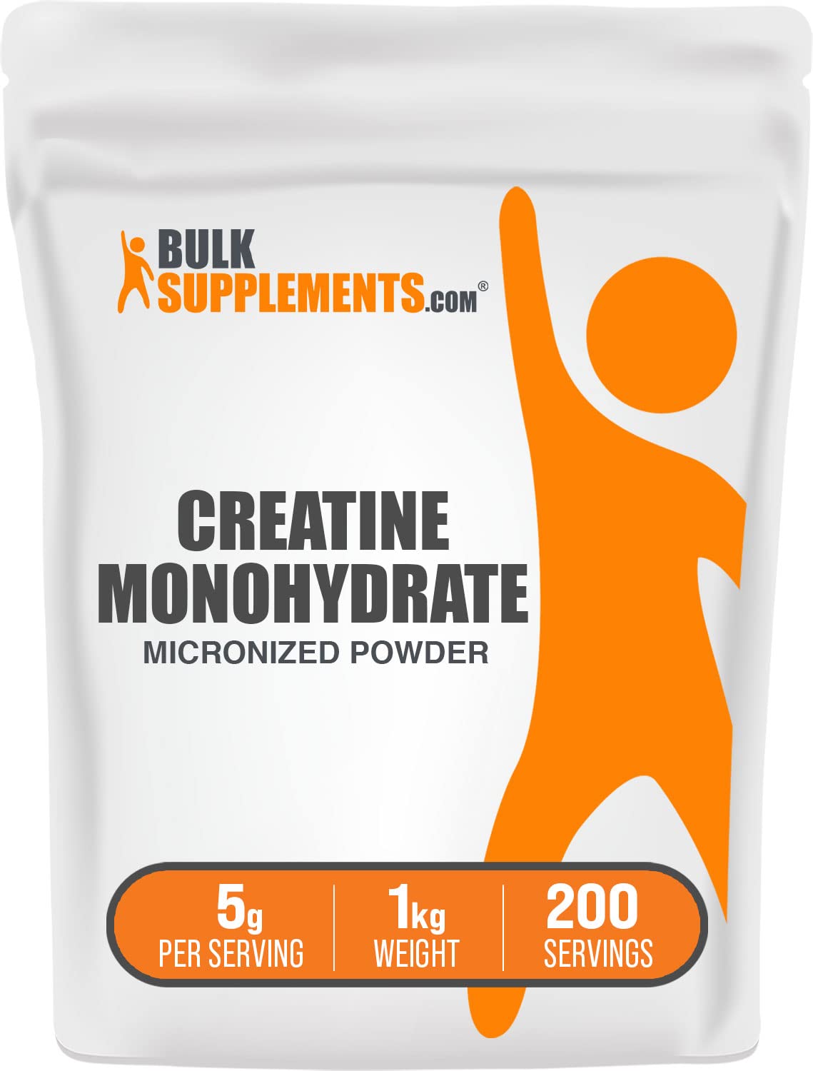 BulkSupplements envase frontal de creatina pura 1 kg, presentación clara y profesional