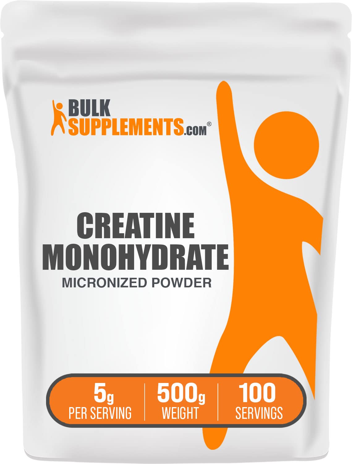 BulkSupplements envase frontal de creatina monohidrato que muestra marca y beneficio de pureza