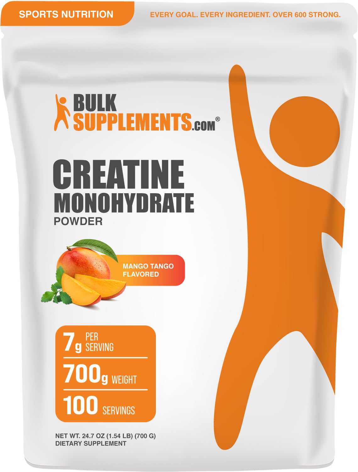 BulkSupplements envase frontal creatina mango tango, conveniencia y claridad