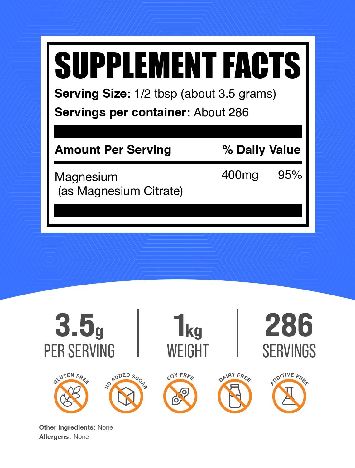 BulkSupplements cuchara medidora con citrato de magnesio indicando dosis precisa