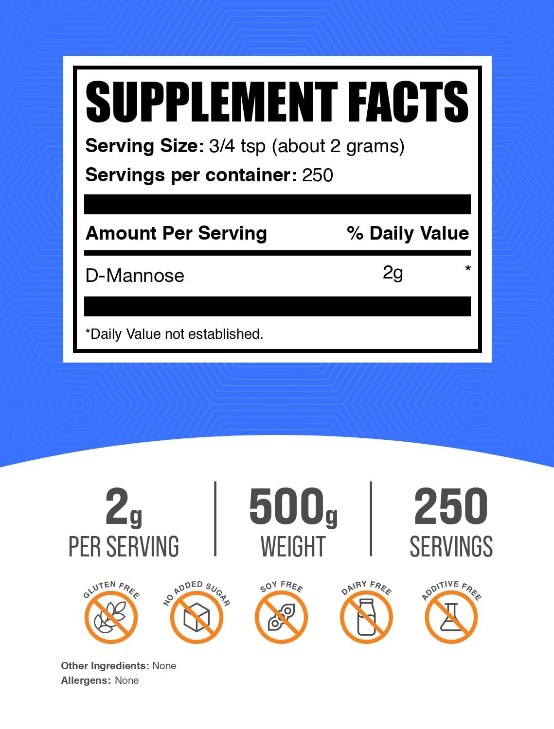 BulkSupplements polvo de D‑Manosa en primer plano, textura fina y pura