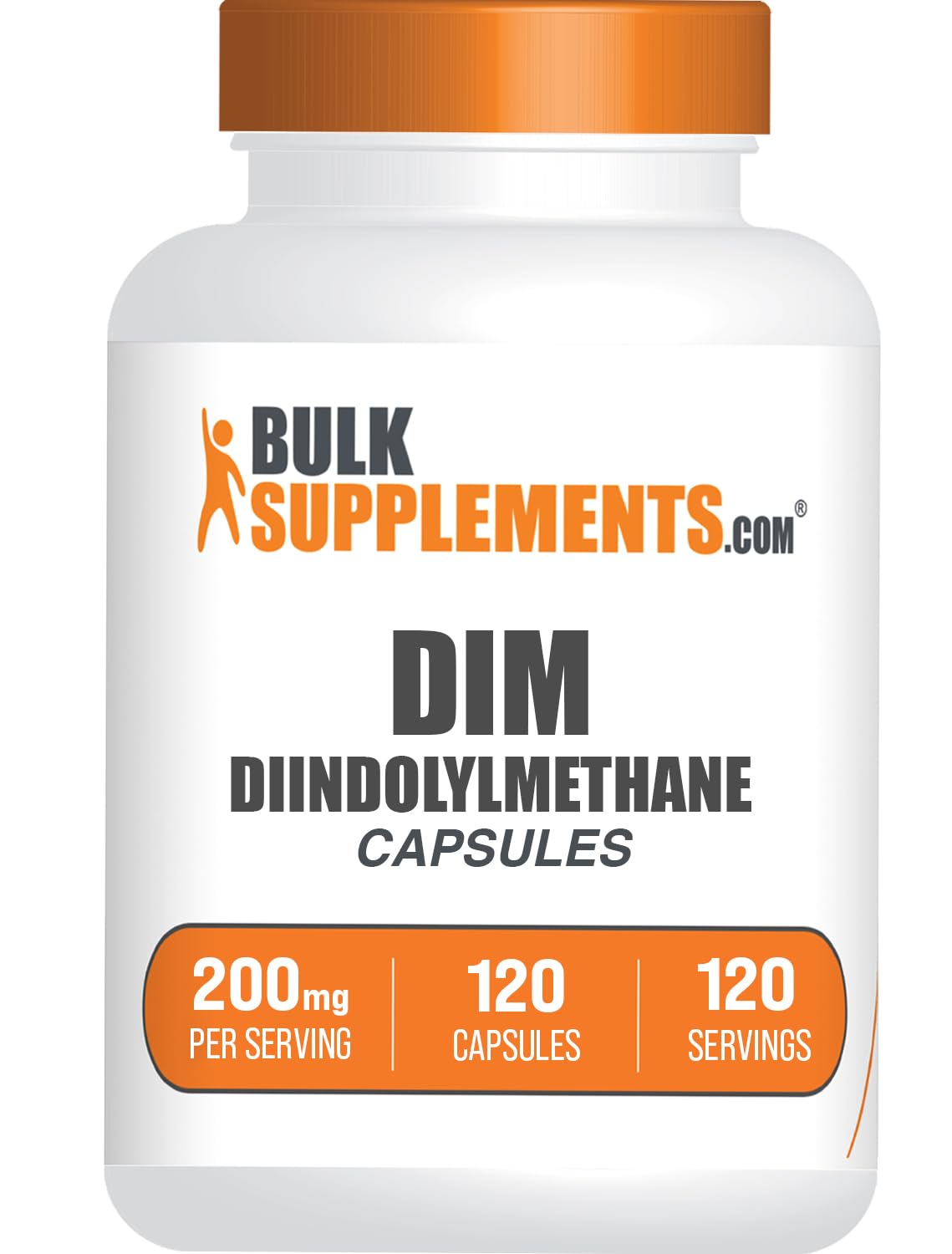 BulkSupplements frasco frontal del DIM 200 mg mostrando etiqueta clara y beneficios