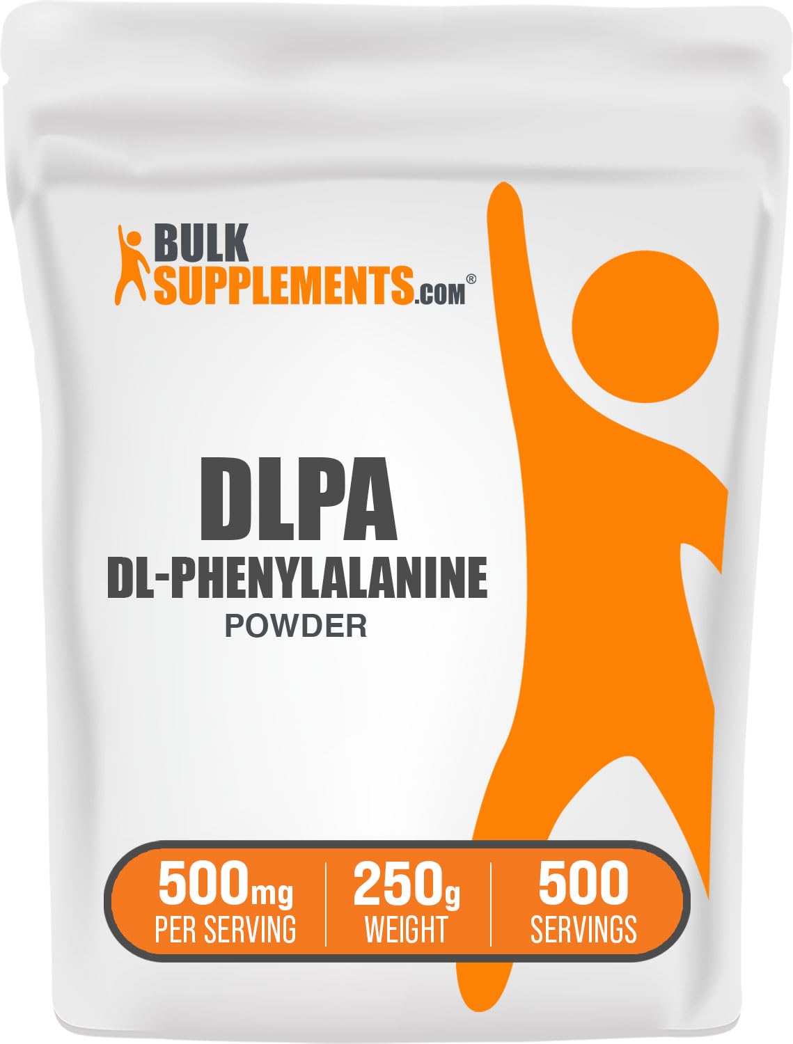 BulkSupplements envase frontal de DL-Phenylalanine sin sabor, visual claridad