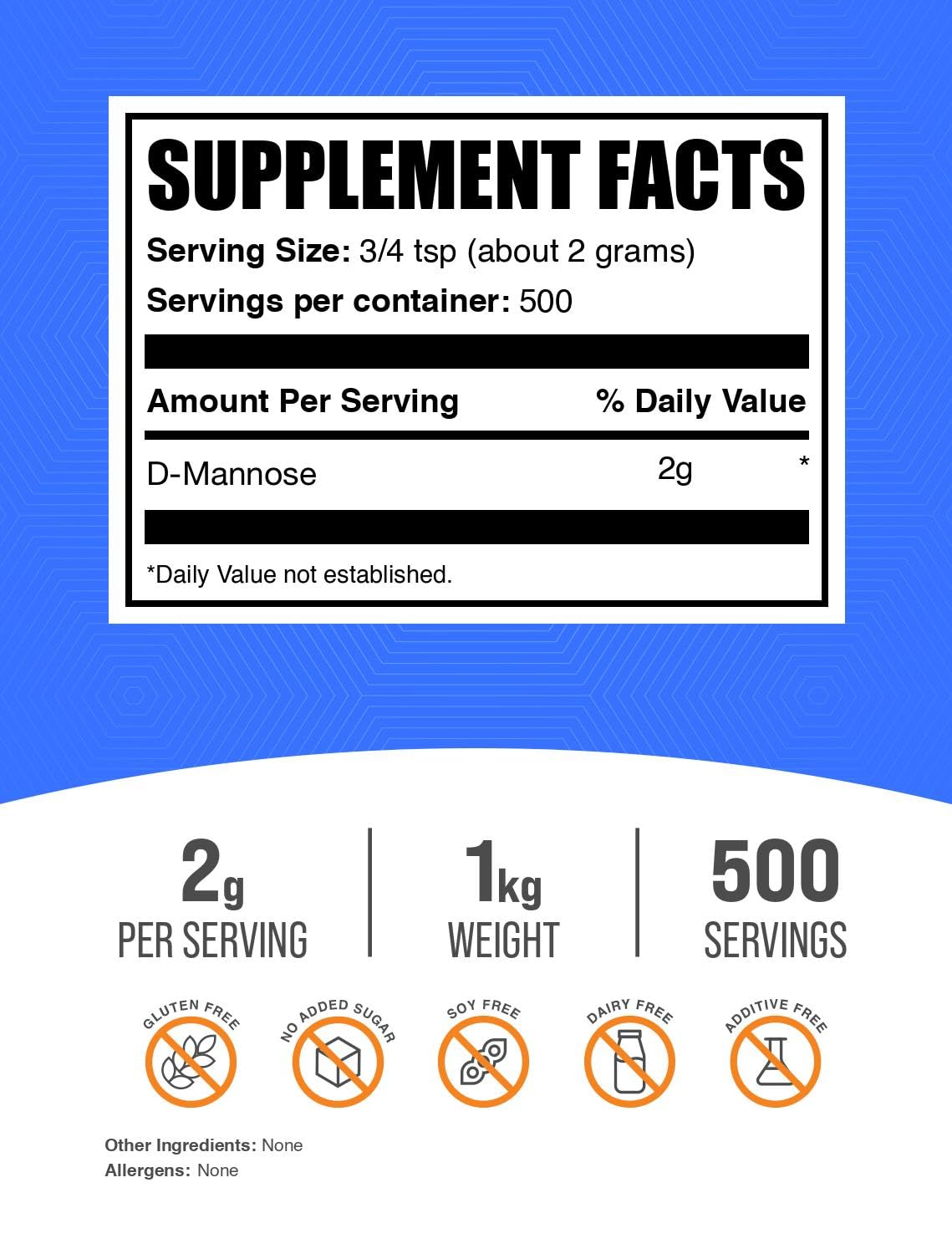 BulkSupplements textura del polvo de D‑Manosa, apariencia fina y fácil disolución