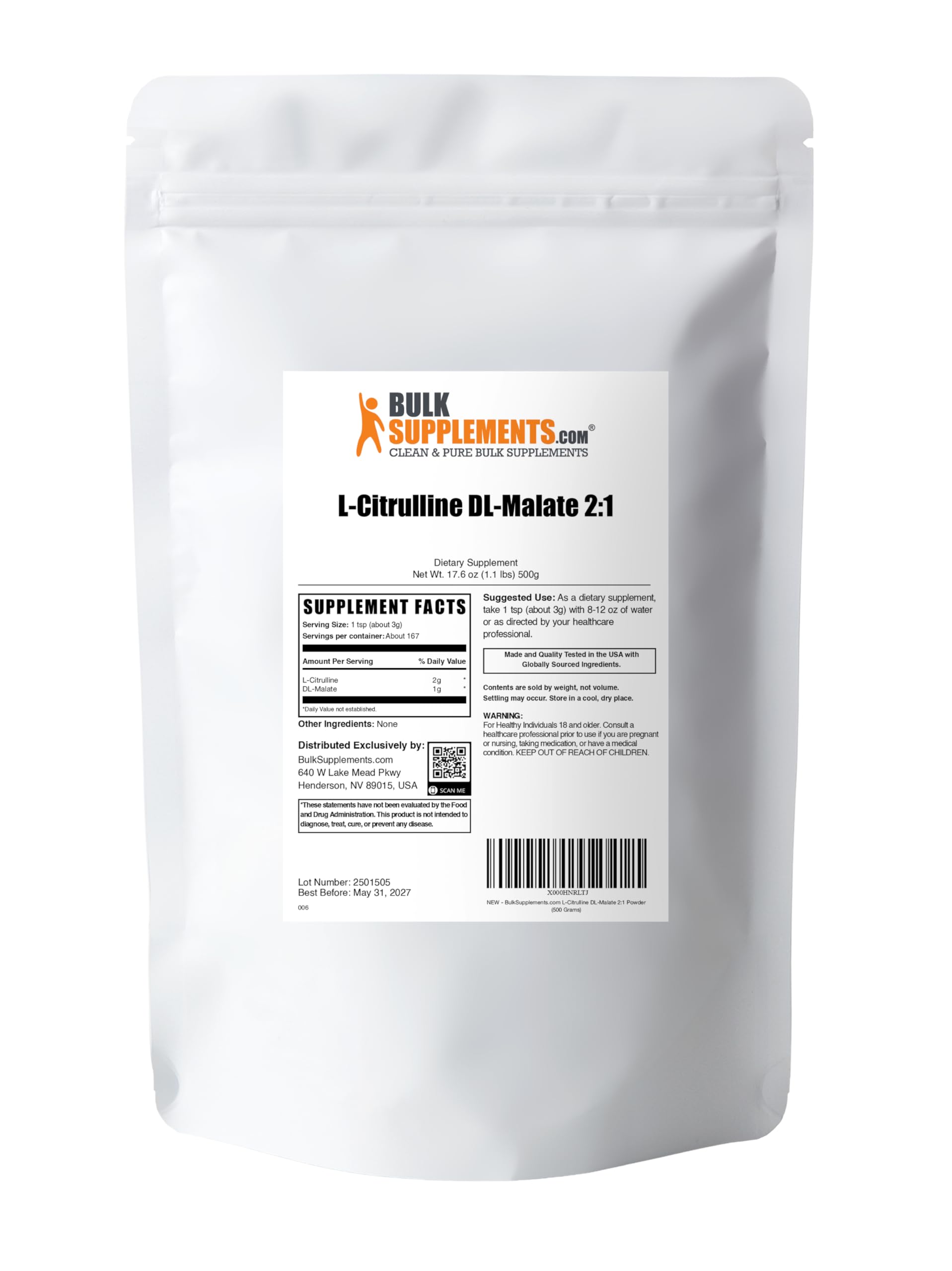 BulkSupplements envase 500 g junto a objeto para comparar tamaño