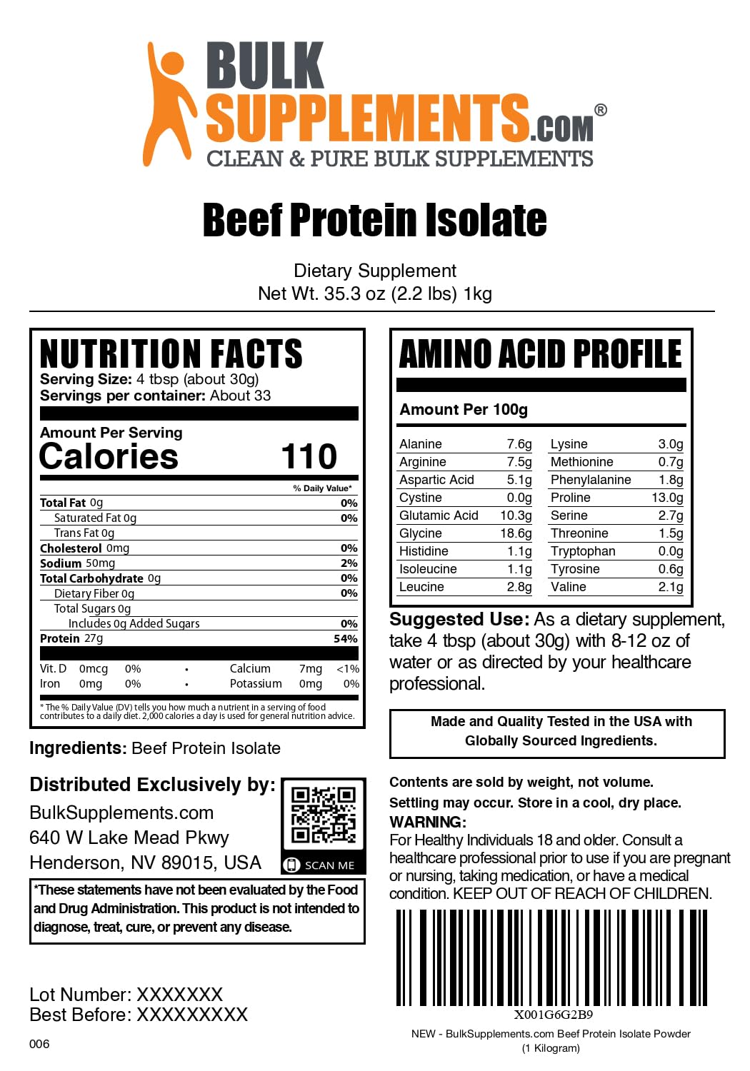 BulkSupplements etiqueta nutricional detallada mostrando transparencia y calidad
