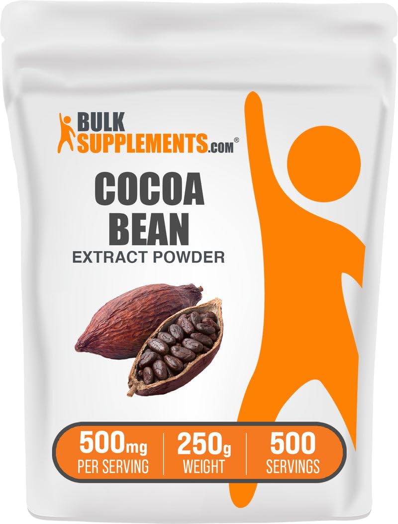 BulkSupplements paquete frontal de extracto de cacao, presentación clara y beneficios