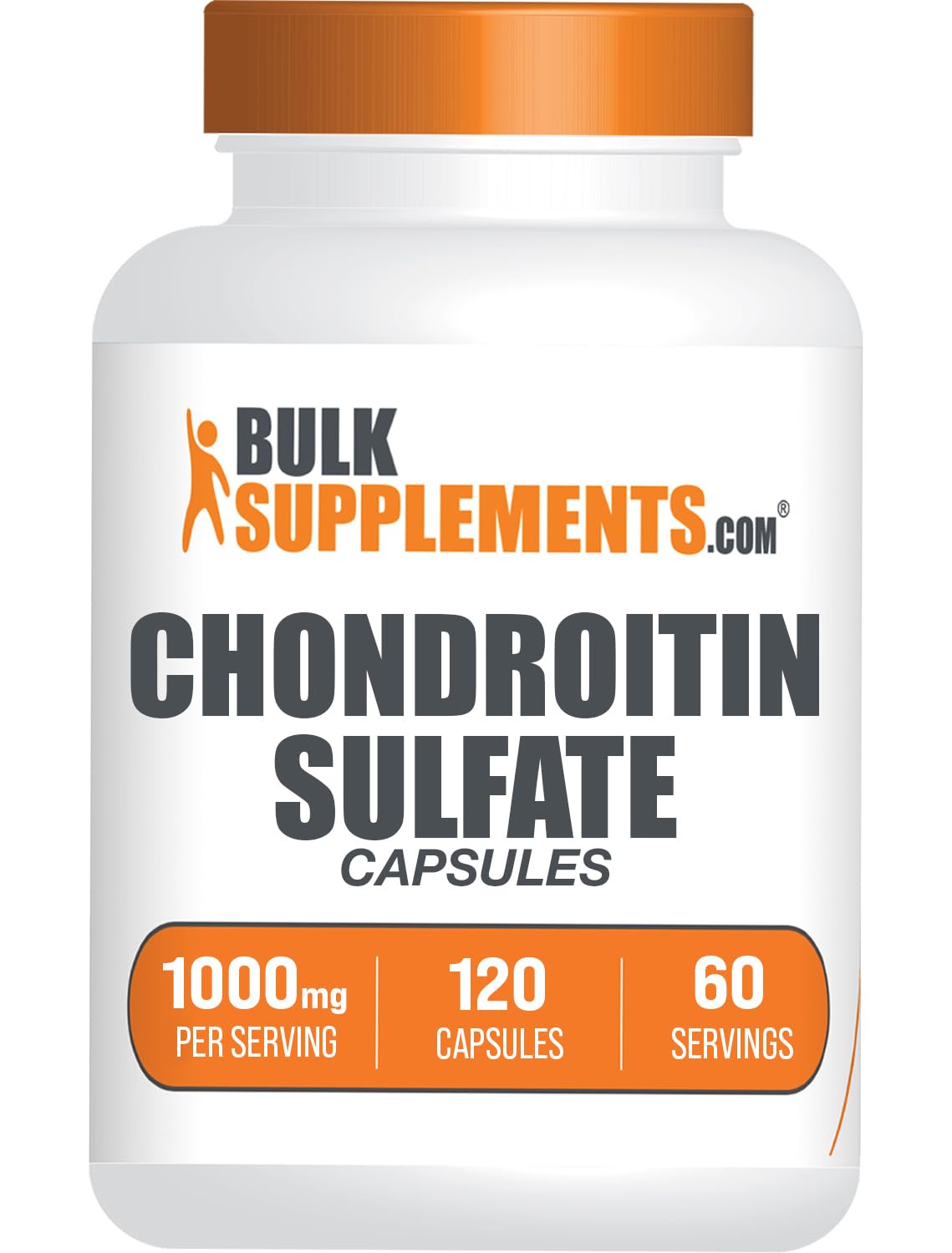 BulkSupplements frasco de Chondroitin Sulfate 1000 mg mostrando el frente y beneficio de dosificación clara