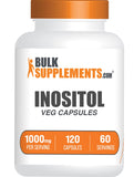 BulkSupplements frasco frontal de Inositol 1000 mg muestra etiqueta clara y beneficios
