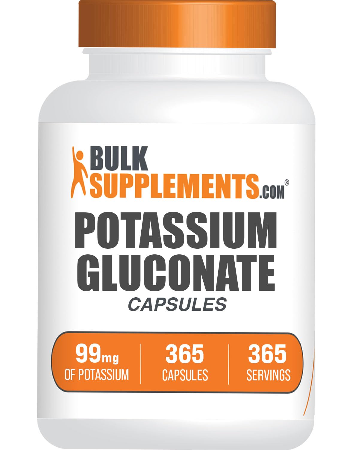 BulkSupplements frasco frontal de Potassium Gluconate para reconocimiento claro