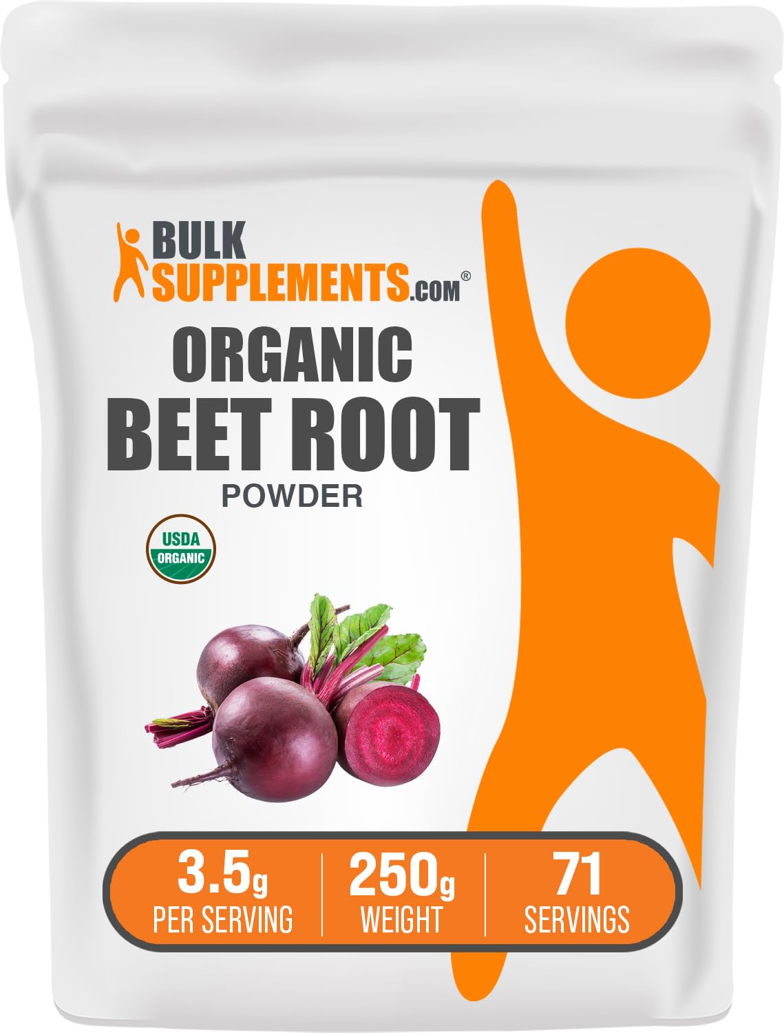 BulkSupplements empaque frontal de remolacha orgánica, práctico y confiable