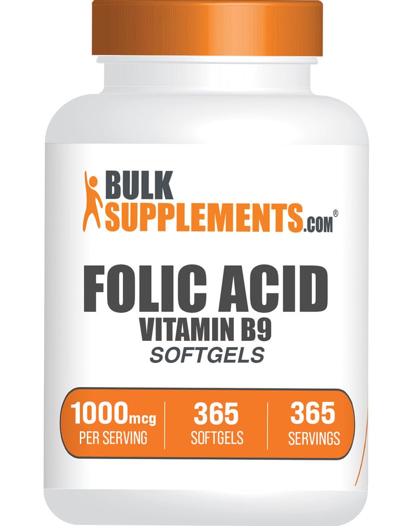 BulkSupplements envase frontal de Folic Acid 1000 mcg que muestra confianza y cantidad