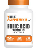 BulkSupplements envase frontal de Folic Acid 1000 mcg que muestra confianza y cantidad