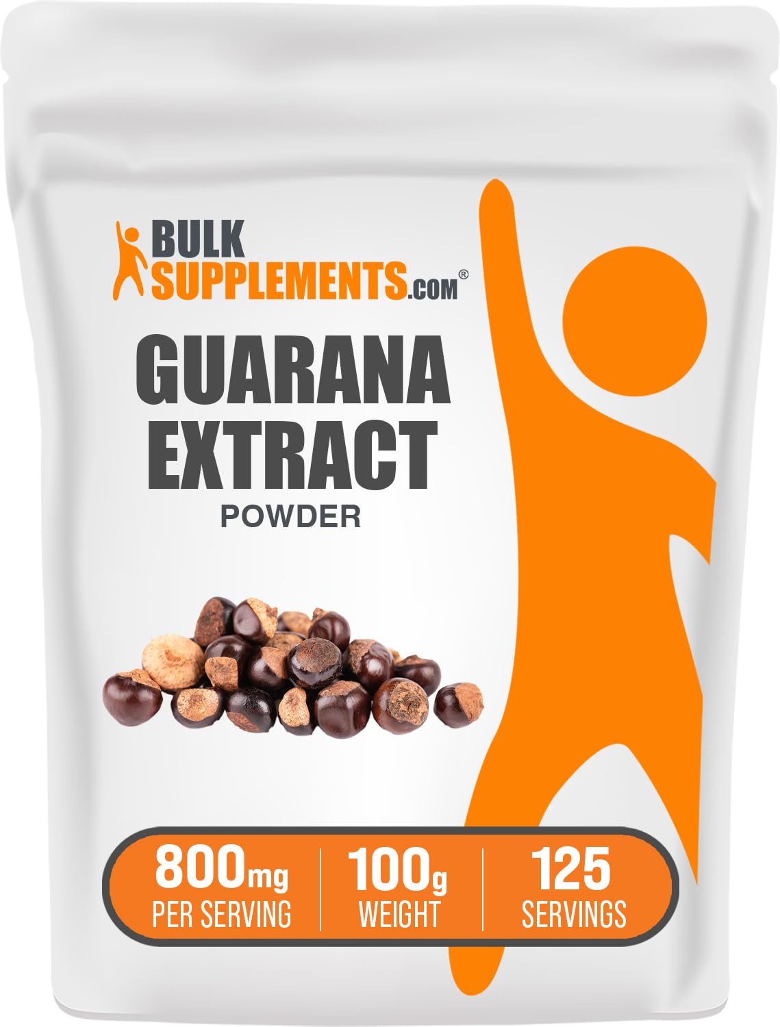 BulkSupplements envase frontal de guaraná en polvo mostrando presentación y pureza