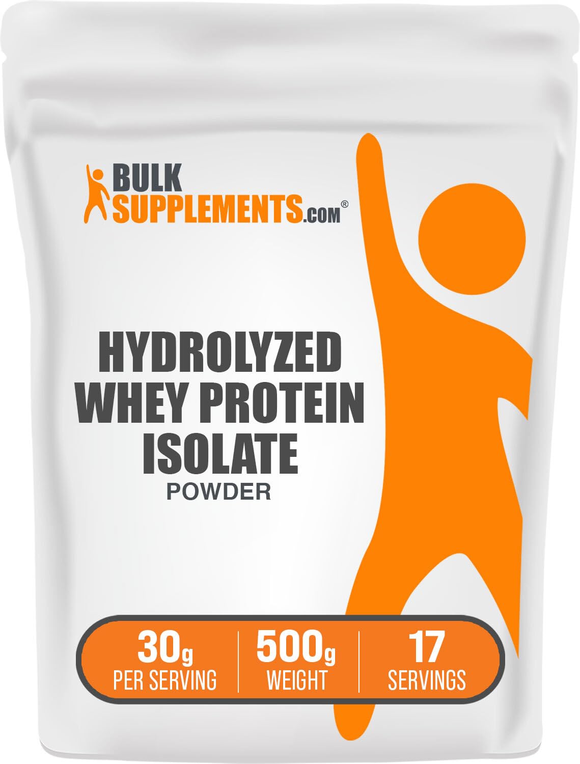 BulkSupplements envase frontal de proteína hidrolizada muestra tamaño y sello de calidad
