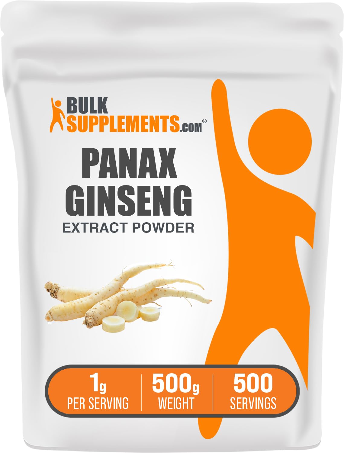 BulkSupplements envase frontal de ginseng Panax mostrando etiqueta y peso