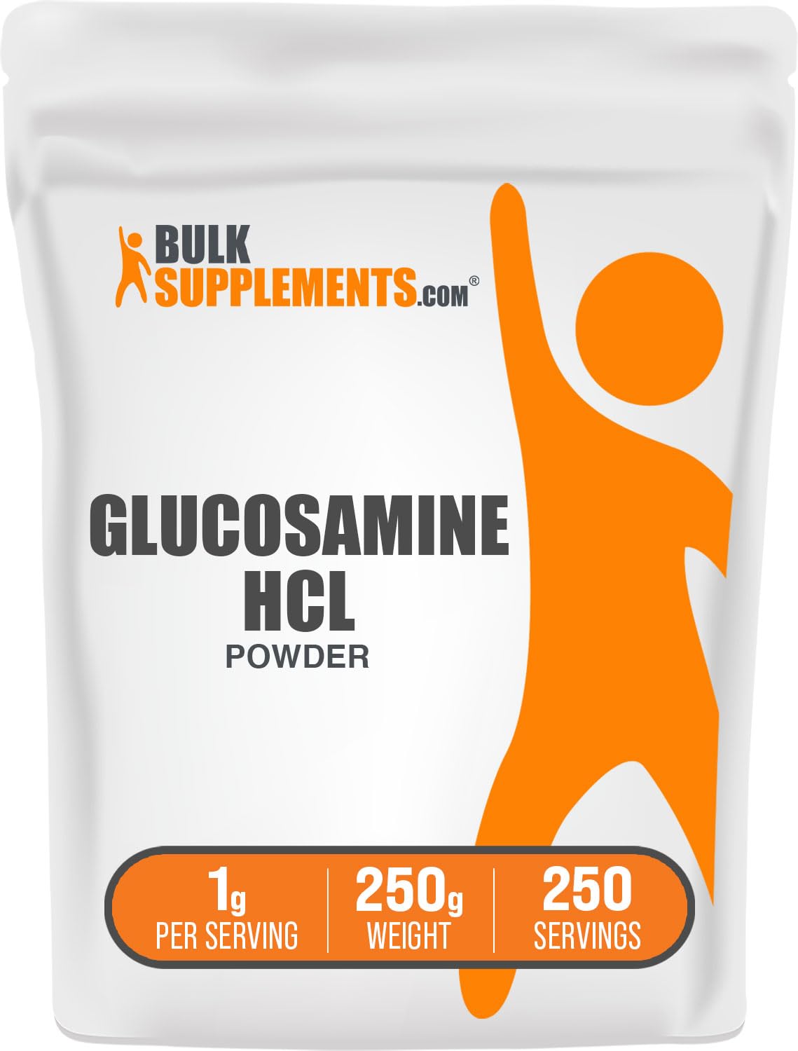 BulkSupplements envase frontal del glucosamine hcl en polvo, presentación clara y práctica