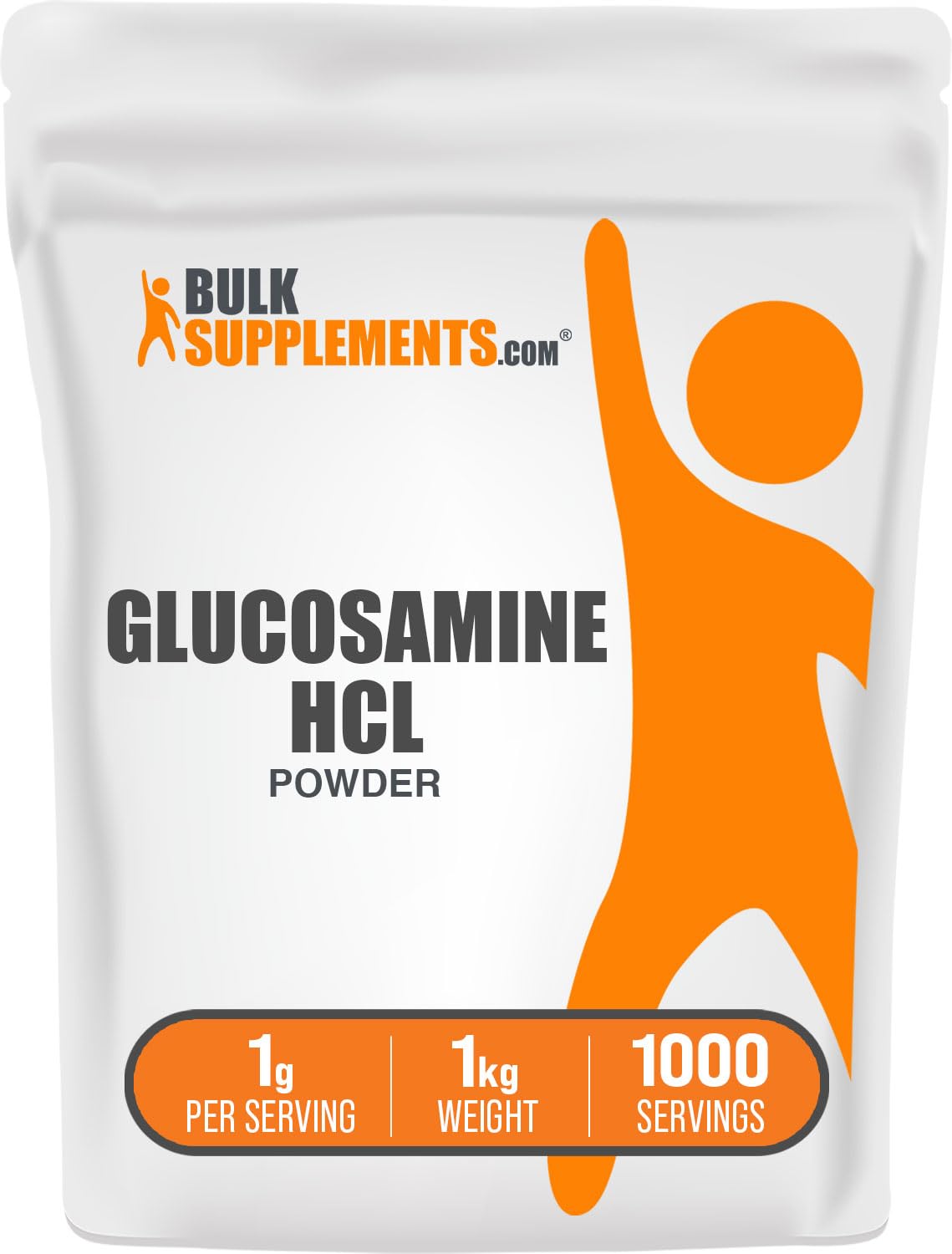 BulkSupplements envase frontal de glucosamine HCl muestra claridad y cantidad