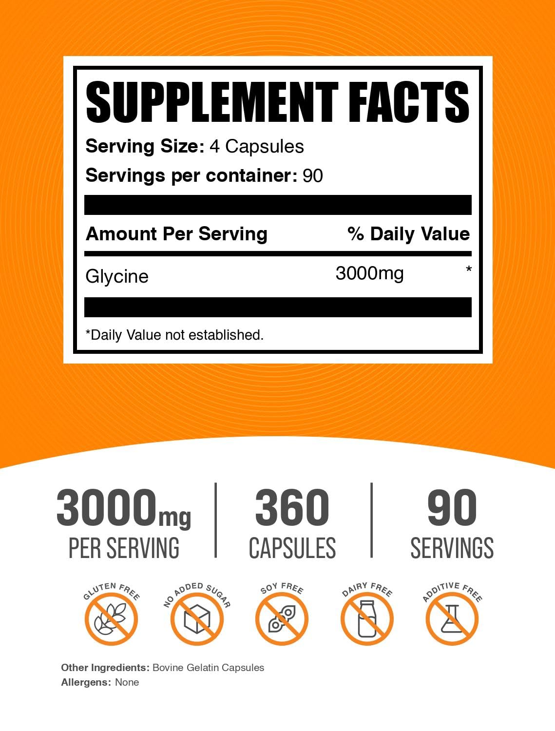 BulkSupplements primer plano de cápsulas de Glycine mostrando textura y pureza
