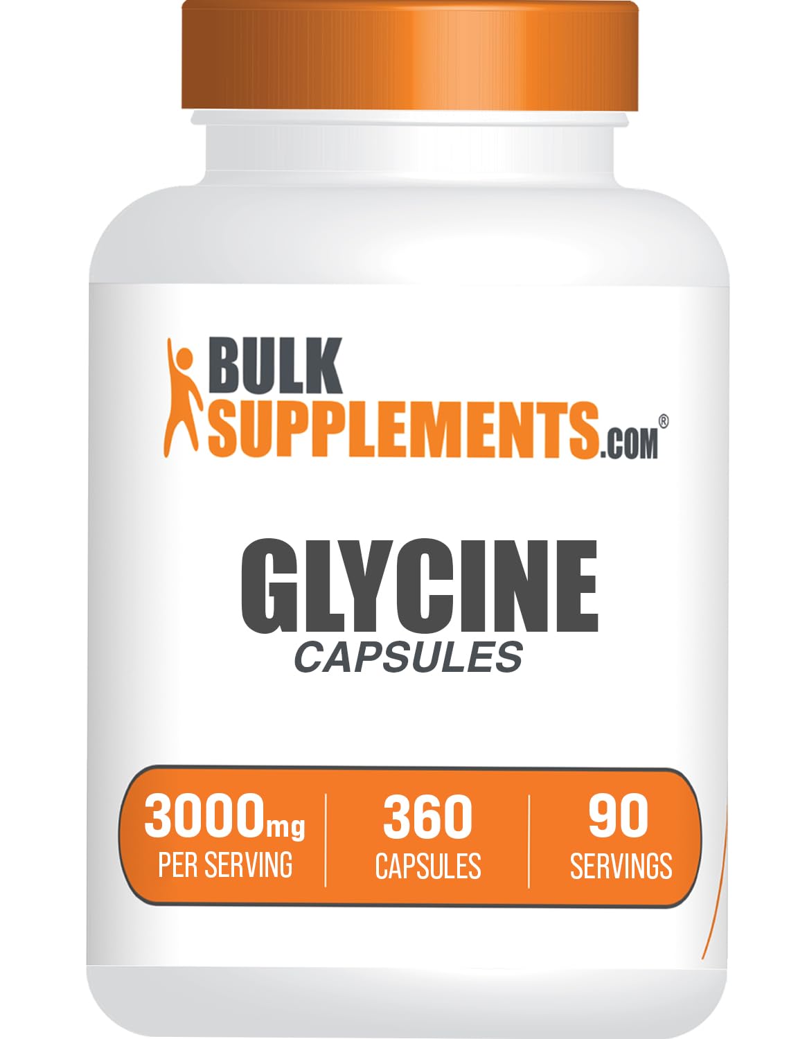 BulkSupplements frasco frontal de Glycine 360 cápsulas muestra tamaño y marca