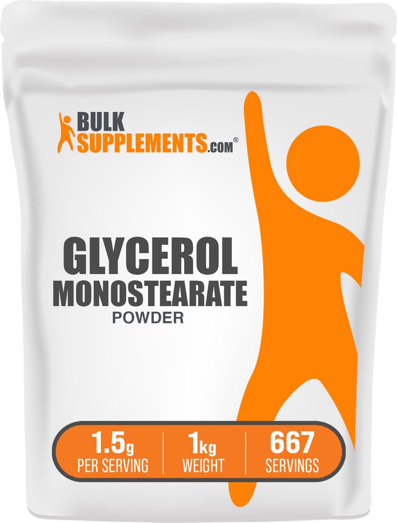 BulkSupplements envase delantero de Glycerol Monostearate mostrando presentación y beneficio de pureza