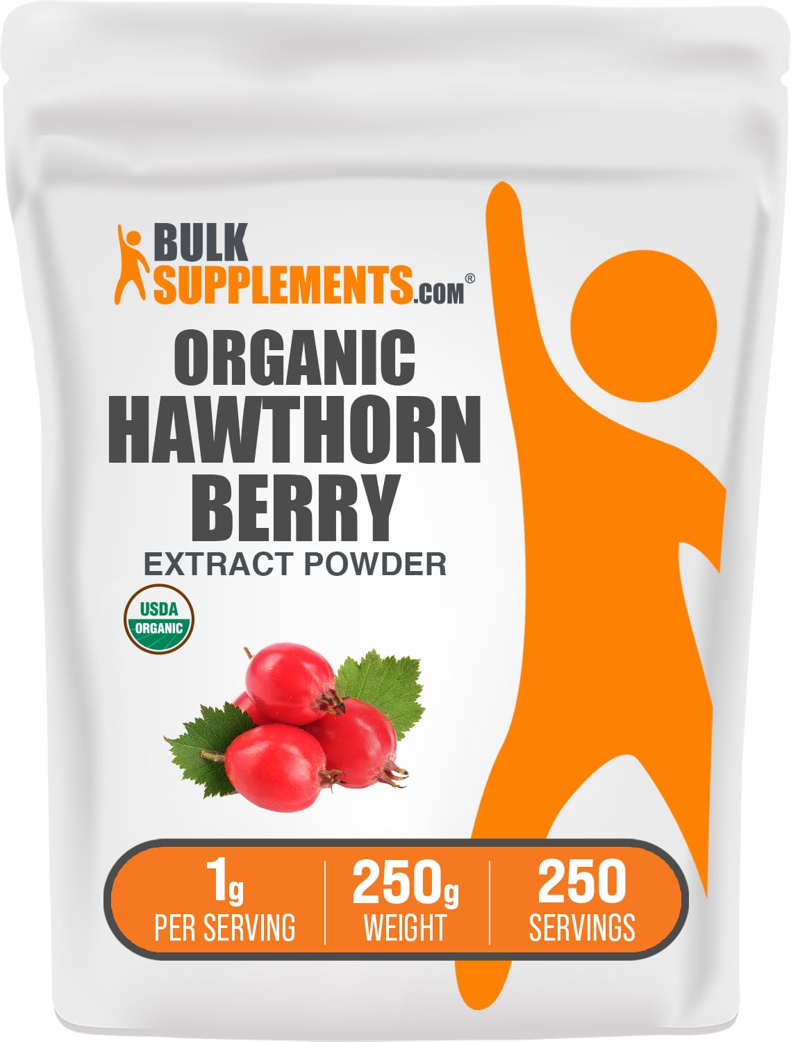 BulkSupplements envase frontal de Hawthorn Berry orgánico mostrando etiqueta clara y tamaño
