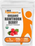 BulkSupplements envase frontal de Hawthorn Berry orgánico mostrando etiqueta clara y tamaño