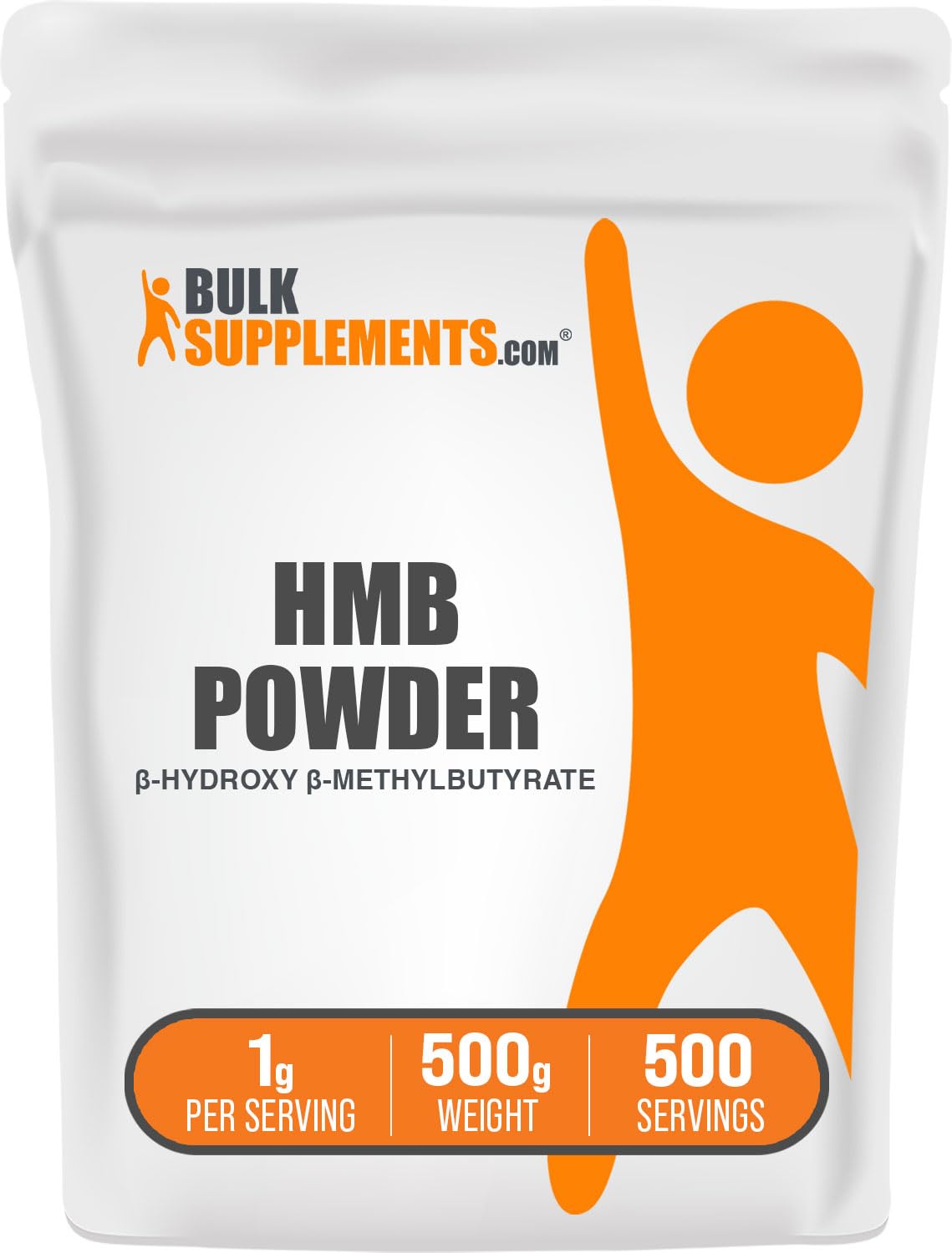 BulkSupplements envase frontal de HMB en polvo claro y sin sabor, facilita dosificación