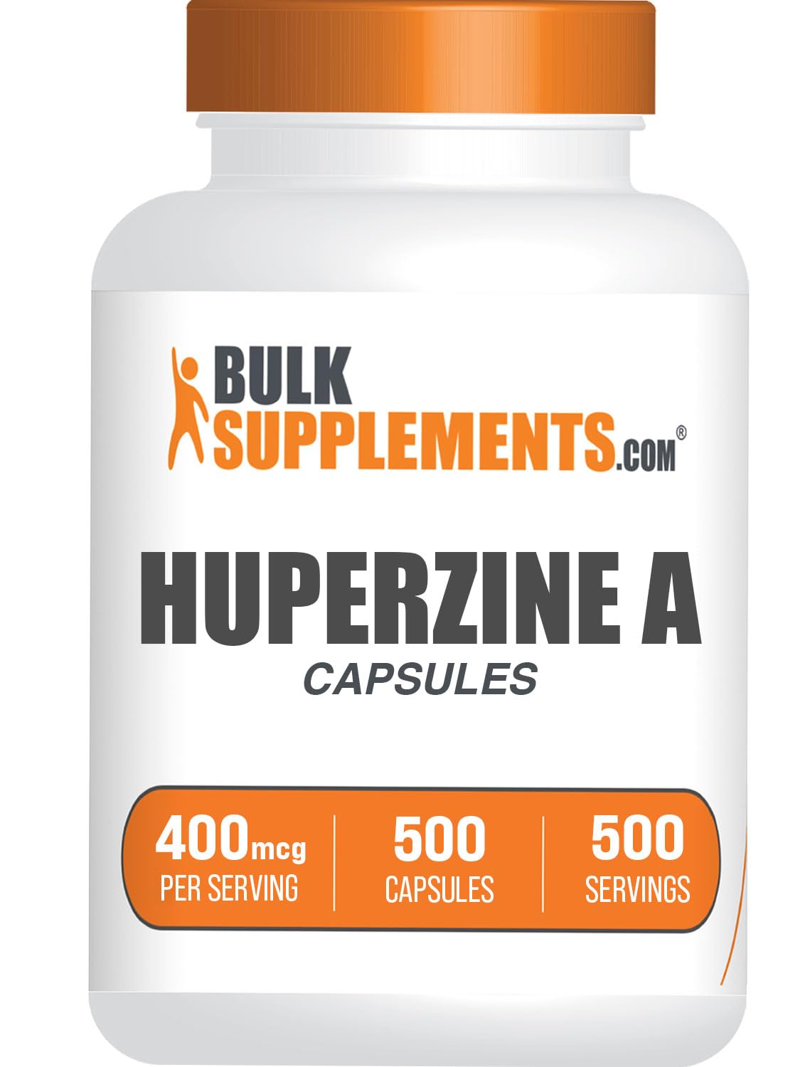 BulkSupplements frasco frontal mostrando 500 cápsulas, confianza y suministro prolongado